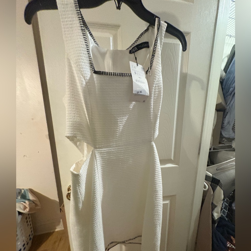 Zara White Asymmetrical Dress with Black Trim